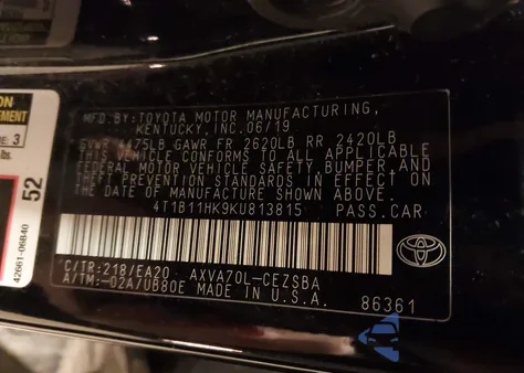 2019 Toyota Camry Se z USA, uszkodzony, nr VIN 4T1B11HK9KU813815